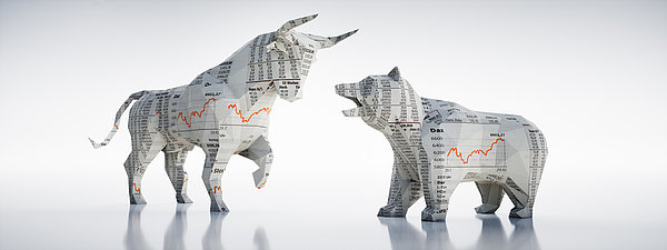 Bulle und Bär als Symbole für die Börse und den Handel von Aktien