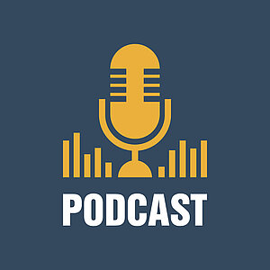 Podcast. Vektorflache Illustration, Icon, Logo-Design auf dunkelblauem Hintergrund 