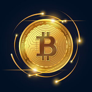 Goldene Bitcoin-Kryptowährung auf dunklem Hintergrund